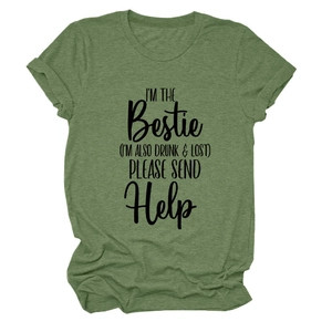 Olive green crew neck T-shirt with I'm the bestie slogan on a plain white background