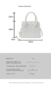 Detailed size chart of white quilted PU leather handbag with adjustable shoulder strap
