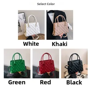 Five elegant quilted crossbody bags in white, khaki, green, red, and black colors