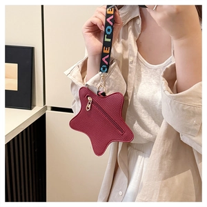 Star shaped red pebble leather coin purse with LOVE webbing strap and metal zipper