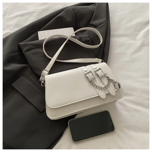 Close-up of beige baguette bag with double buckles, silver chain, and leather shoulder strap