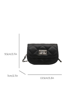 Quilted mini crossbody bag in black with silver chain strap and product size dimensions