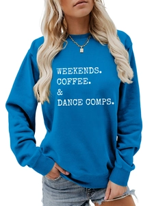 Close-up of Weekends Coffee Dance typography on dark blue crewneck sweatshirt