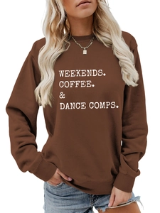 Detailed view of brown cotton sweatshirt with white WEEKENDS COFFEE & DANCE slogan text