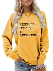 Detail of yellow ribbed crewneck sweatshirt featuring black Weekends Coffee Dance text