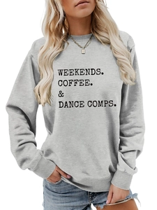Detail of grey crewneck sweatshirt featuring black WEEKENDS COFFEE DANCE lettering