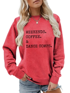 Detail of red crewneck sweatshirt featuring black Weekends Coffee Dance printed text
