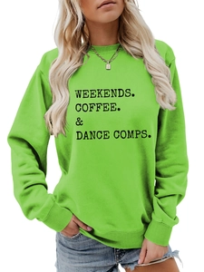 Detail of lime green sweatshirt with WEEKENDS COFFEE & DANCE print and ribbed collar
