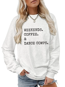 Close-up of the WEEKENDS COFFEE DANCE text on a grey crewneck sweatshirt