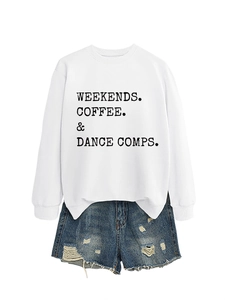 Detail of white round neck sweatshirt with letter print and frayed denim shorts