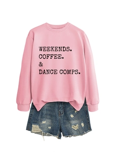 Pink crewneck sweatshirt with weekend slogan and distressed denim shorts set