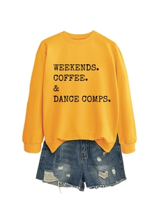 Yellow long sleeve sweatshirt with black coffee text and frayed denim shorts outfit set