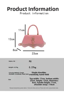 Size chart and dimensions for the pink PU leather shoulder bag with gold hardware