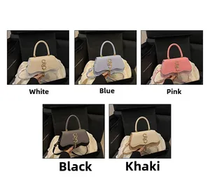 Detail view of five sequined shoulder bags in white, blue, pink, black and khaki colors