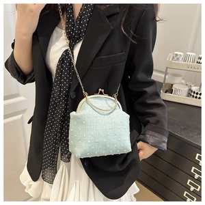 Detailed view of mint green textured kiss-lock bag with gold chain strap on model