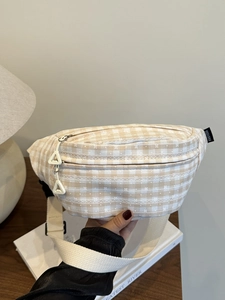 Plaid Canvas Waist Bag For Women Casual Checkered Chest Pack Floral Embroidery Lace Adjustable Strap Crossbody Bag
