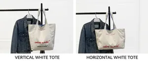 Detailed comparison of vertical and horizontal white canvas tote bags with French print