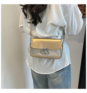 Vue de dos d'un petit sac à rabat doré avec strass et boucle argentée sur modèle