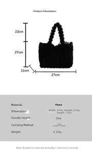 Detail view of plush tote bag with corduroy texture and dimension specifications
