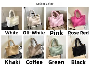 Detailed view of plush tote bags in 8 various colors with stylish round ball handle design