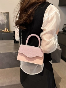 Elegant pink handbag with sparkling rhinestones and silver metal chain strap for women