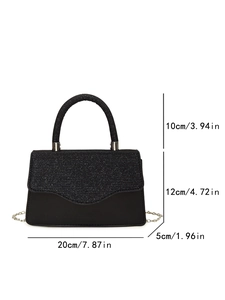Elegant black fashion handbag with matte and glitter panels plus metal chain strap