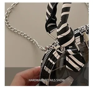 Detail showing silver metal lobster clasp and striped woven strap on the transparent bag