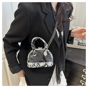 Detail of transparent PVC shell bag with snakeskin trim and silver chain strap on model