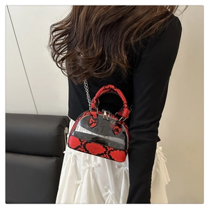 Detail of red snake pattern texture and transparent PVC on mini shell handbag