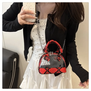 Red snake skin mini bag with clear PVC stitching and silver chain strap shown on model