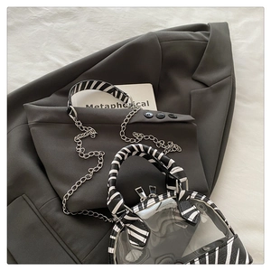 Détail du sac à main en PVC transparent avec bordure zébrée et chaîne argentée