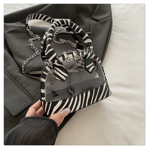 Détail d'un mini sac transparent avec bordure en cuir zébré et bandoulière chaîne