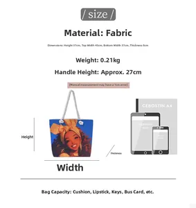 Detailed size chart for large canvas tote bag showing dimensions and item capacity