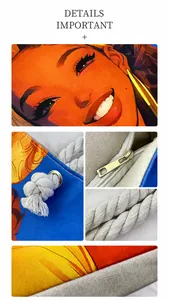 Detailed views of cotton rope handles and vibrant printed canvas tote bag craftsmanship