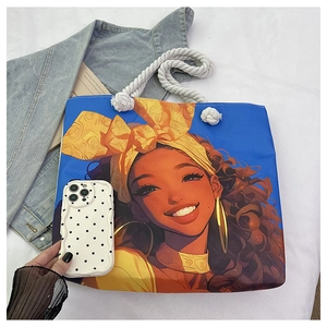 Sac fourre-tout bleu en toile avec illustration anime et anses en corde blanche