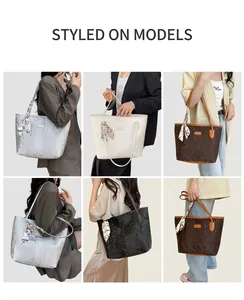 Viste dettagliate di eleganti borse shopper con motivo serpente e foulard in seta in vari contesti