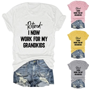 Multiple colors of women's retired-themed casual crew neck t-shirts with printed slogans