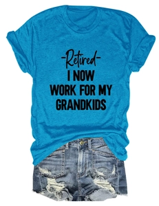 Detailed flat lay of blue T-shirt with 'Retired' text and frayed denim shorts set