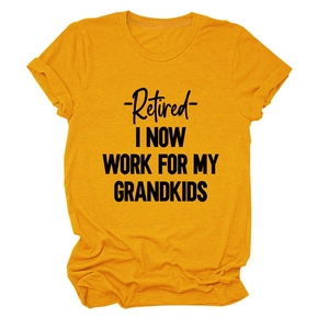 Detailed flat lay of yellow crewneck t-shirt with black retired slogan print text