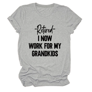 Detail of grey crewneck t-shirt with Retired I Now Work For My Grandkids slogan print
