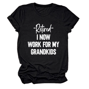 Detail of retired theme text print on black cotton crew neck short sleeve t-shirt