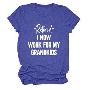 Detail of purple heather t-shirt with Retired I Now Work For My Grandkids white text