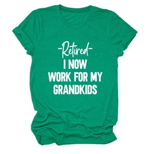 Detailed flat lay of green cotton t-shirt with Retired I Now Work For My Grandkids text