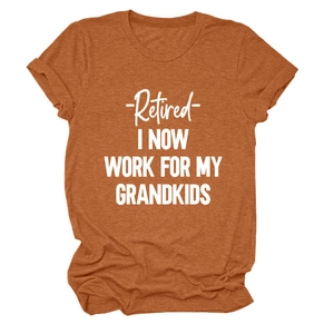 Detail of rust red crew neck t-shirt with white Retired I Now Work for My Grandkids print