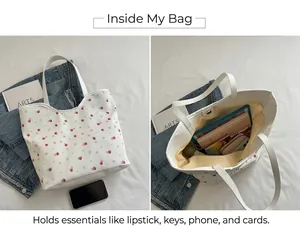 Détail du sac cabas à fleurs et fraises montrant l'intérieur jaune spacieux
