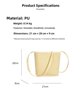 Detailed size specifications and material info for the woven PU leather bucket bag