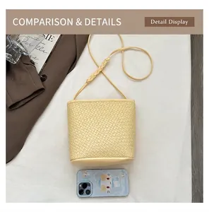 Pale yellow bucket bag with woven texture shown next to a smartphone for size reference