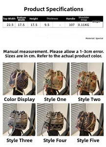 Size chart showing bucket bag dimensions and six ethnic patterns with floral designs