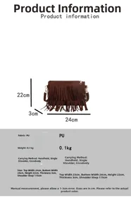 Detailed size chart and specifications for the brown fringed PU leather crossbody bag