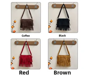 Detail showing tiered fringe tassels in coffee, black, red, and brown suede-like options
